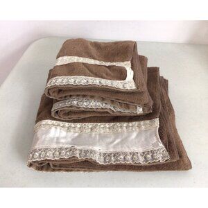 Fieldcrest Vintage Brown Towel Set Lace Trim 2 Hand Towels